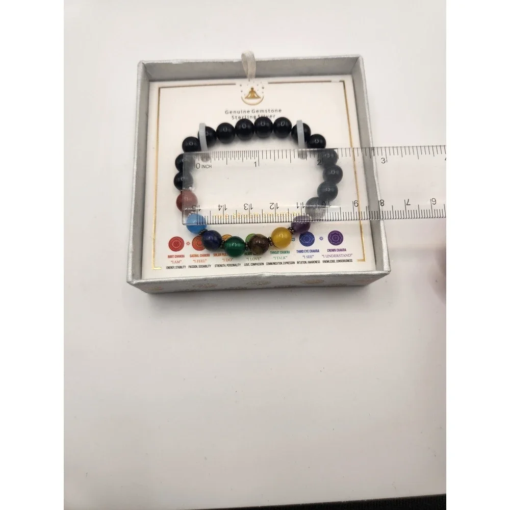 Genuine Gemstone Sterling Silver Seven Chakras‎ Beaded Stretch Bracelet